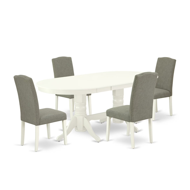 Ensemble de salle à manger 5 pièces comprenant une table de cuisine ovale avec rallonge papillon et 4 chaises de salle à manger Parson en lin Shitake foncé, 101,6 x 193,3 cm, blanc lin