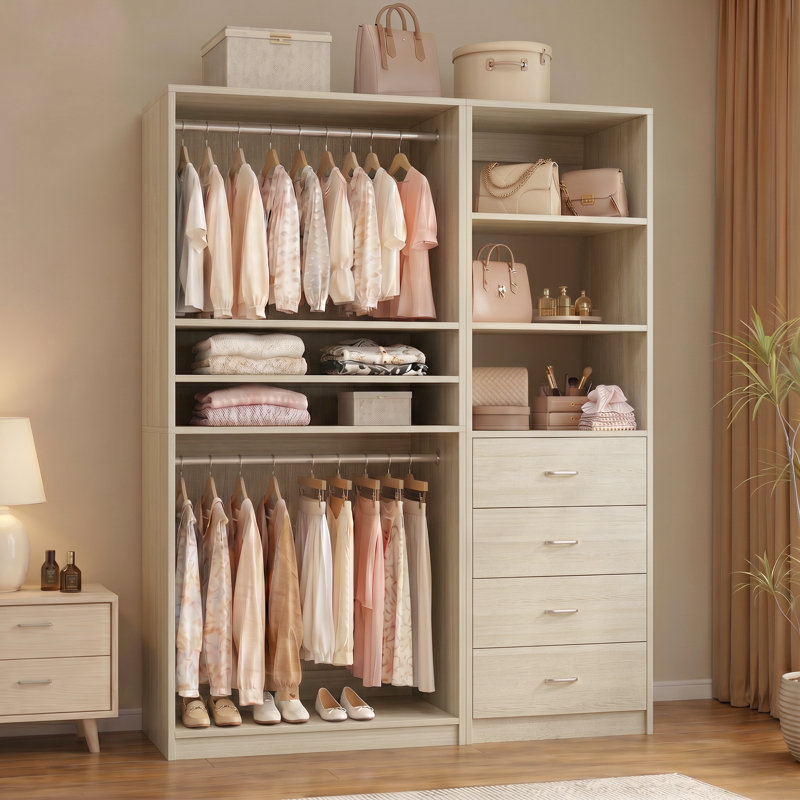 Système d'organisation 117,8 po avec tiroirs en bois, range-chaussures et tringles suspendues Welles, Chêne blanchi