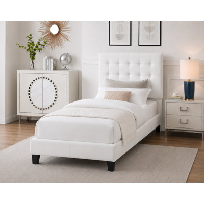 Contemporary Tufted Upholstered Platform Bed with Adjustable Headboard, Faux Leather Bed, White, Single