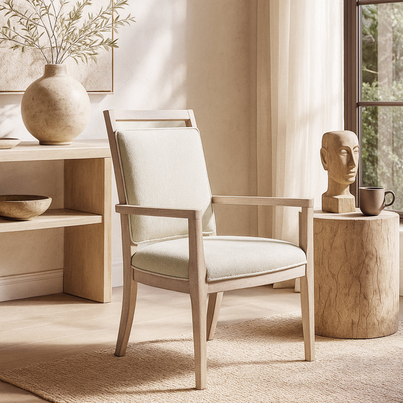 Chaise rembourrée avec accoudoirs de salle à manger avec finition en bois clair