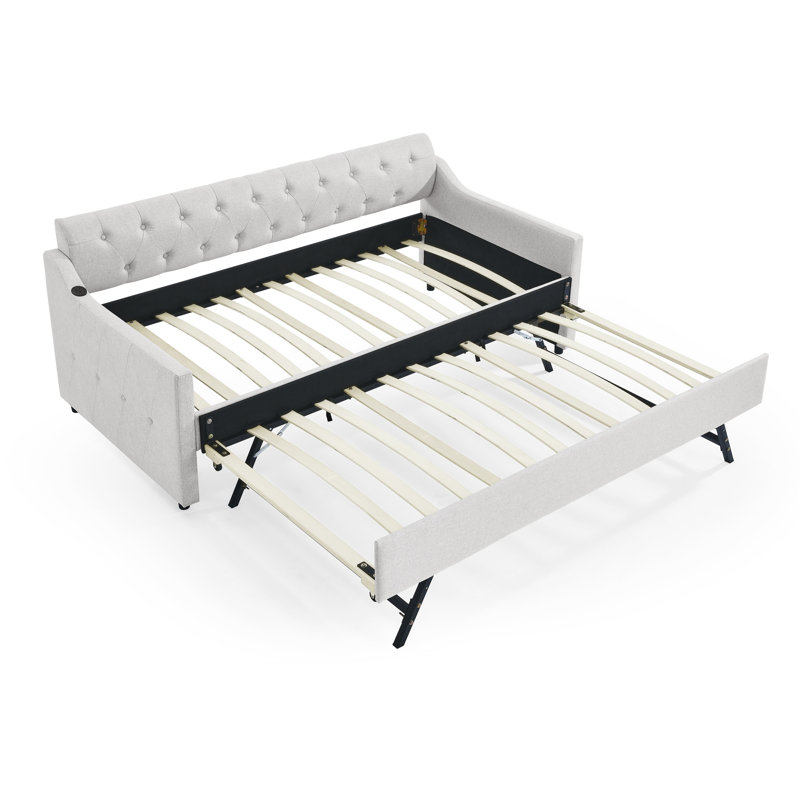 Upholstery DayBed with Twin Size Erectable Trundle and USB Charging Design, Beige