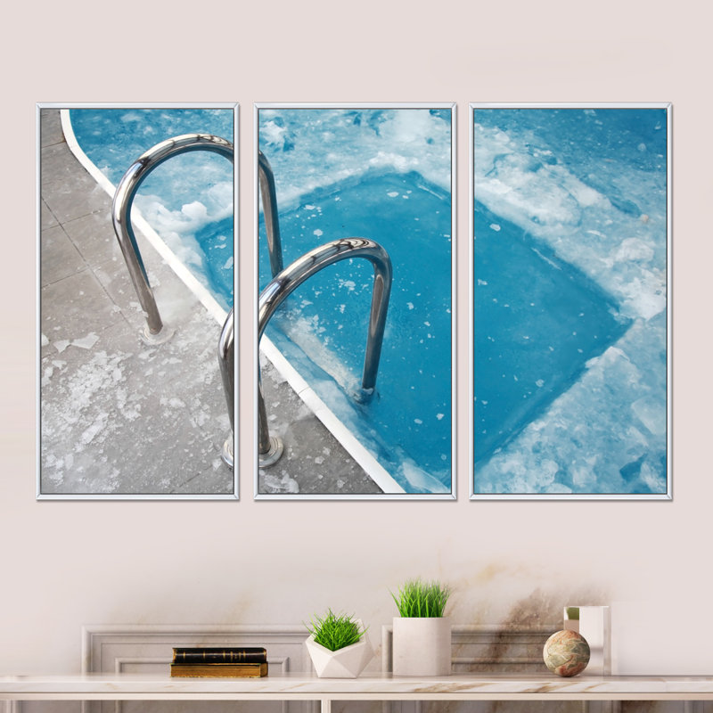Glace et piscine bleue - ensemble d'art mural sur toile encadré paysage, H 20 po x l 36 po x P 1 po, Cadre blanc