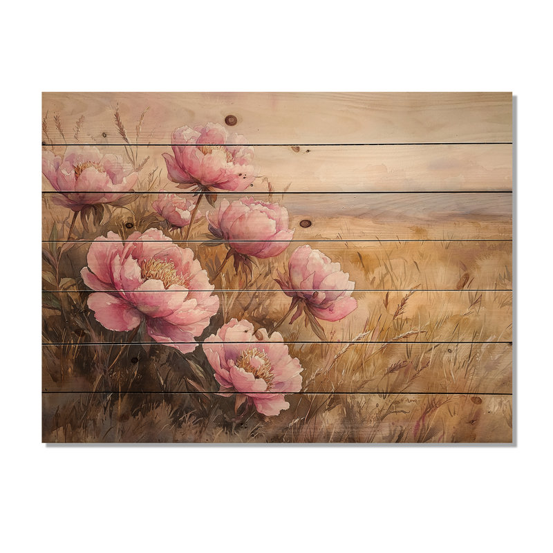 Pivoines par la prairie ouverte I - Art mural en bois de pivoines - sur bois de pin naturel, H 10 po x l 20 po x P 0,78 po