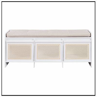 Storage Bench with Rattan Drawers and Removable Button