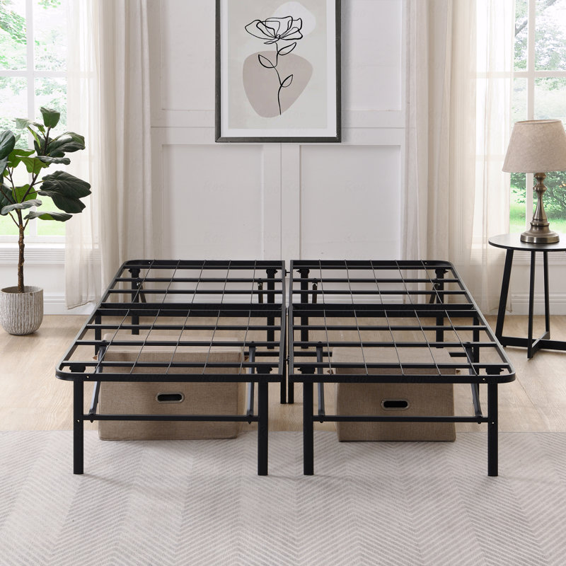 Structure de lit pour grand lit plateforme de grand lit en métal pliable de 14 pouces de hauteur avec sommier tapissier de remplacement robuste avec lattes en acier facile à assembler sous le lit avec fonction de rangement