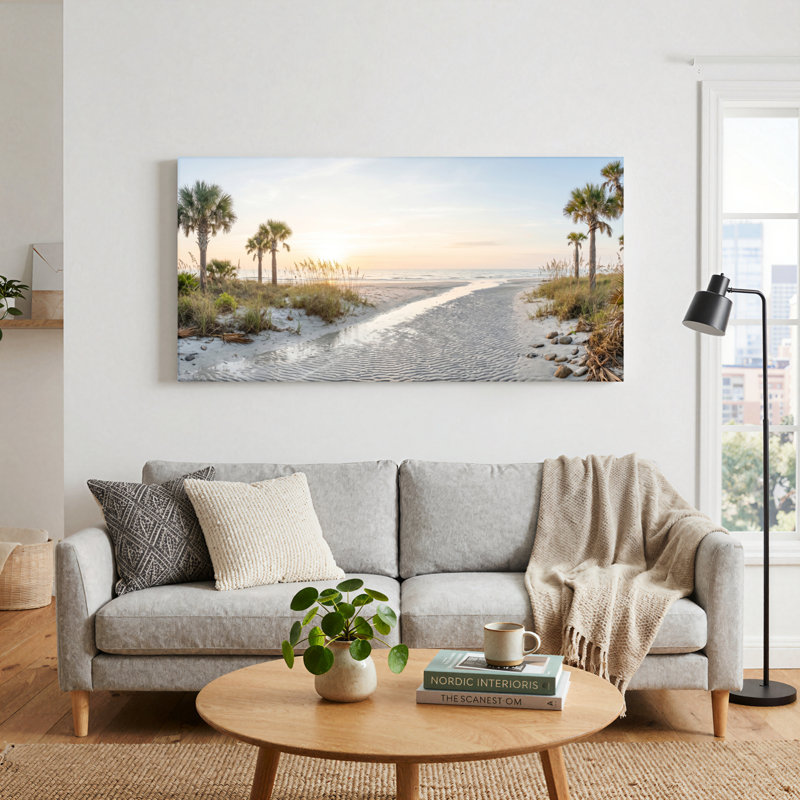 Ensemble de 1 tableau sur toile représentant un coucher de soleil sur la plage, 32“W x 16”H, Toile tendue