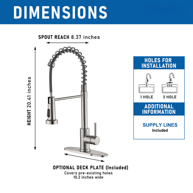 W1Cf265Cl-BS Brushed Stainless Steel Pull-Down Kitchen Faucet With Anti-Kink Gravity Ball Sprayer All SUS304 Body/Handle/Pipe, Easy Install & 10" Cover Plate