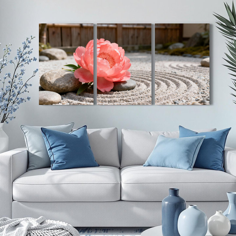 Ensemble de 3 tableaux muraux sur toile tendue représentant des pivoines dans un jardin zen, H 36 po x l 72 po