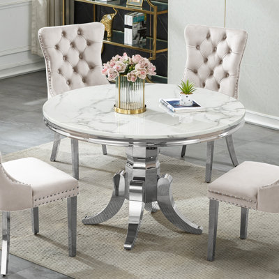 White Marble Dining Table, Luxurious 44.88" Circle Dining Room Table with Printed Marble Top and Stainless Steel Pedestal, Modern Round Kitchen Table for 6