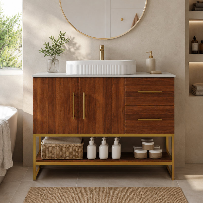 Meuble-lavabo sur pied de 91 cm (36 po) avec lavabo en céramique, cadre doré, 2 tiroirs, placard et tablette ouverte