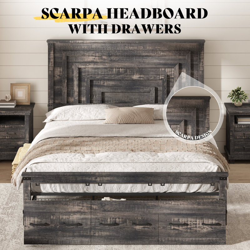 Farmhouse Wood Platform King Bed Frame with 54" Tall Geometric Headboard & Footboard, Dark Oak, King, Dark Oak