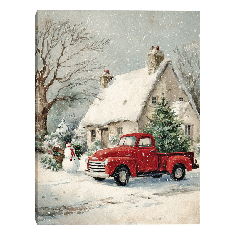 «Snowy Cottage with Red Truck», art mural sur toile, H 24 po x l 16 po
