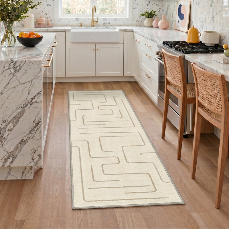 Kaleido Geometric Machine Washable Beige Indoor Area Rug with Non-Slip Backing, Runner 2' x 6'