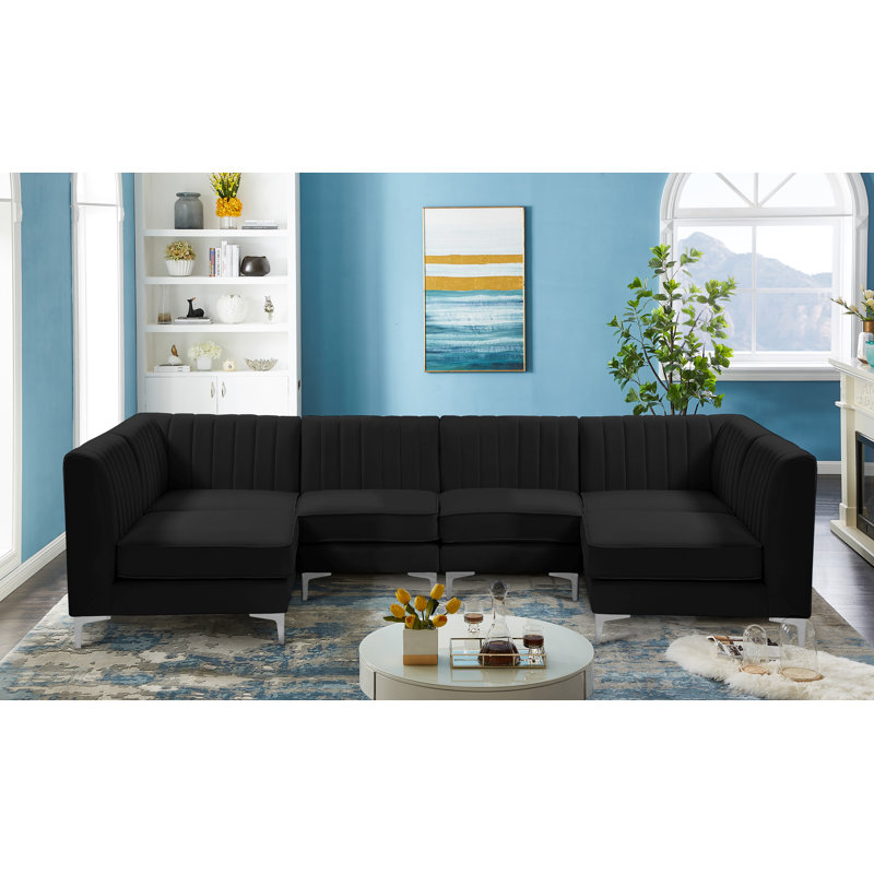 Enson Velvet U-Shaped Sectional Reversible, Black Velvet
