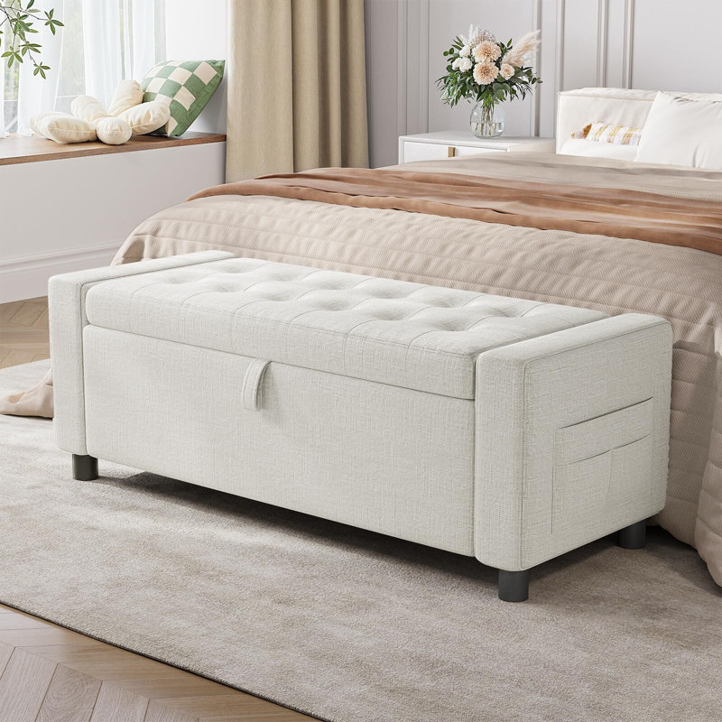 Banc de rangement avec repose-pieds 45,3 po, banc de bout rembourré plus épais de 3,14 po avec compartiment caché de 30 gallons et poche latérale, pour chambre à coucher, salon, entrée, beige