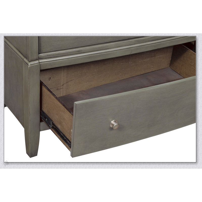 Desser en bois de style transitionnel gris avec six tiroirs de rangement et des glissières à roulement à billes pour un fonctionnement en douceur
