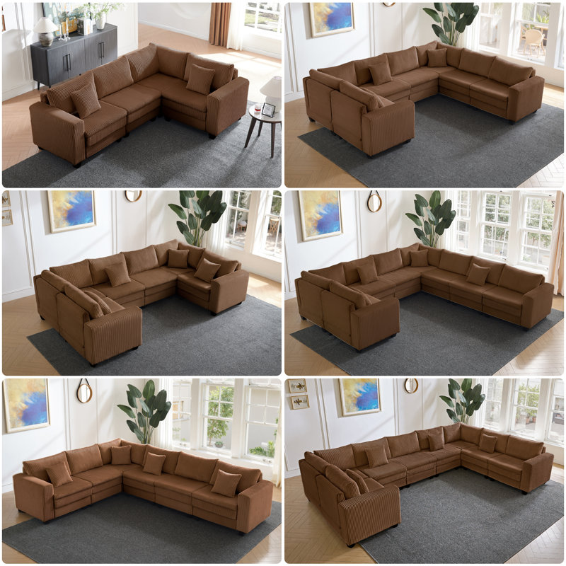 128" Wide U Shaped Sectional Sofa Couch Comfy Corduroy Modular Cloud Sofa, Brown Corduroy