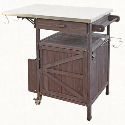 40.5" Outdoor Grill Cart with Stainless Steel Top, Solid Wood Outdoor Storage Cabinet with Drop Leaf, One Drawer, Towel Rack, Rolling Kitchen Cart with Lockable Wheels for Lawn Garden