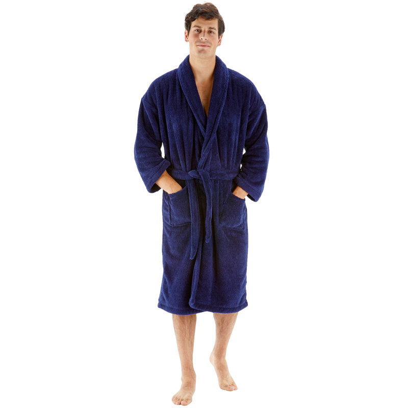 Peignoir 100% microfibre molletonné au-dessus du genou avec poches, L, Bleu marine