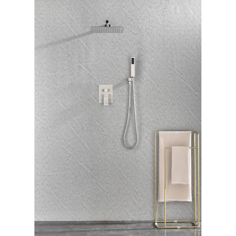 Shower System With Shower Head, Hand Shower, Hose, Valve Trim, Lever Handles And Niche, Brushed Nickel