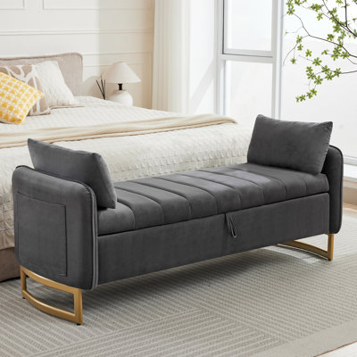 66"W Velvet Bedroom Storage Bench End of Bed King Size with Gold Legs and 2 Pillows