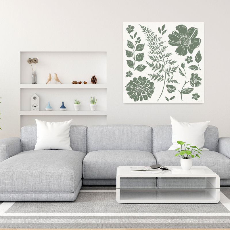 Art contemporain contemporain avec fleurs fougères crème, H 36 po x l 36 po