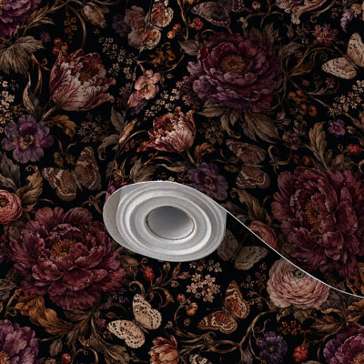 Papier peint à peler et coller avec papillons en papier foncé et pivoines rétro Moody auto-adhésif et amovible 24 po x 118 po (60 x 300 cm)