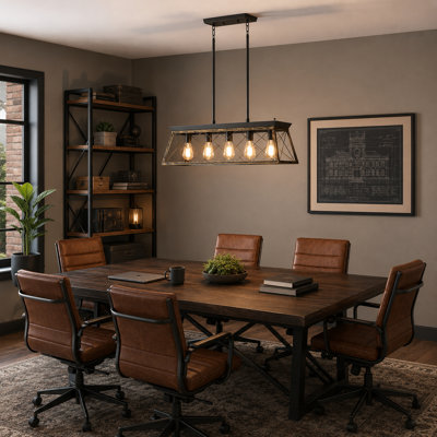 31.5" 5-Light Linear Kitchen Island Chandelier with Distressed Black and Antique Gold Geometric Cage