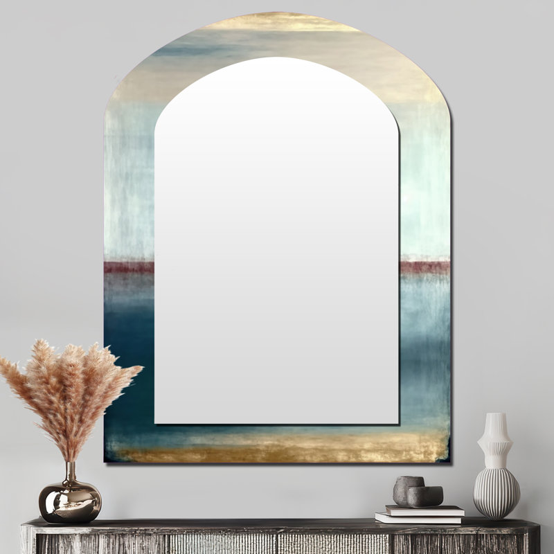 Géométrie sacrée en tons de couleurs rétro - grand miroir mural arqué sur métal, 43 po x 33 po