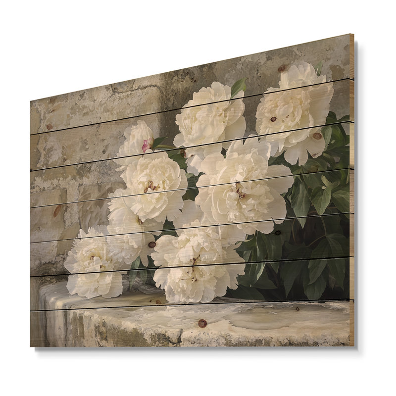 Pivoines près de la ferme, puits I - impression de bois de pivoines - sur bois de pin naturel, H 34 po x l 44 po x P 0,78 po