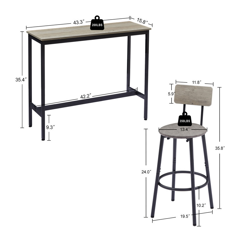 Bar Table Set With 2 Bar Stools Pu Soft Seat, Gray, Gray