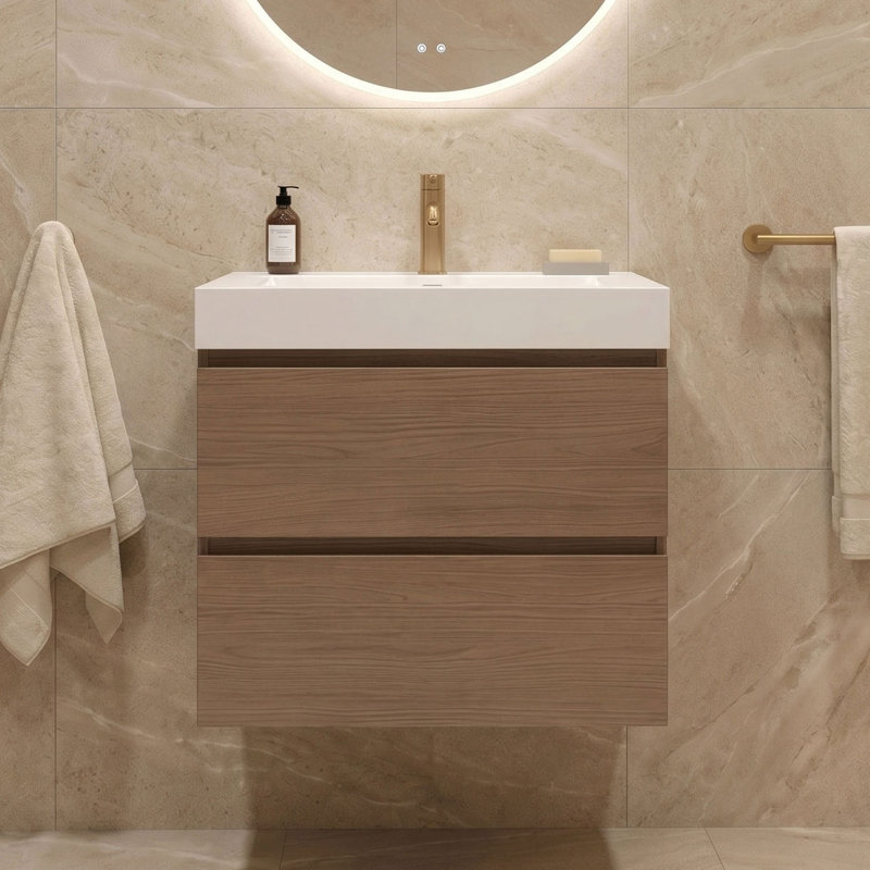 Meuble-lavabo mural simple avec comptoir en quartz et trop-plein, Brown Walnut, 24", Blanc