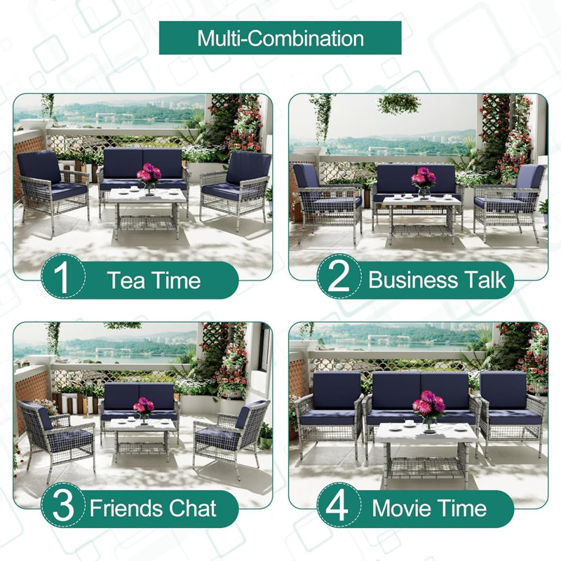 Ensemble de mobilier d'extérieur 4 pièces, chaises en rotin d'osier et canapé avec table d'appoint et coussins