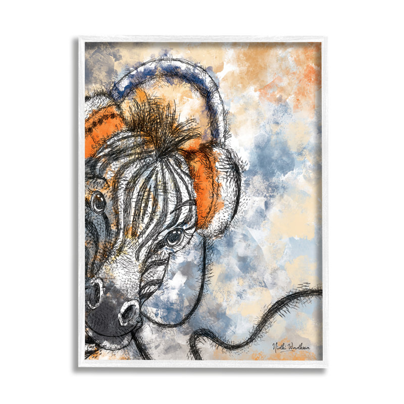 Zèbre avec casque d'écoute par Nidhi Wadhwa, H 20 po x l 16 po x P 1,5 po, Estampe numérique Farmhouse