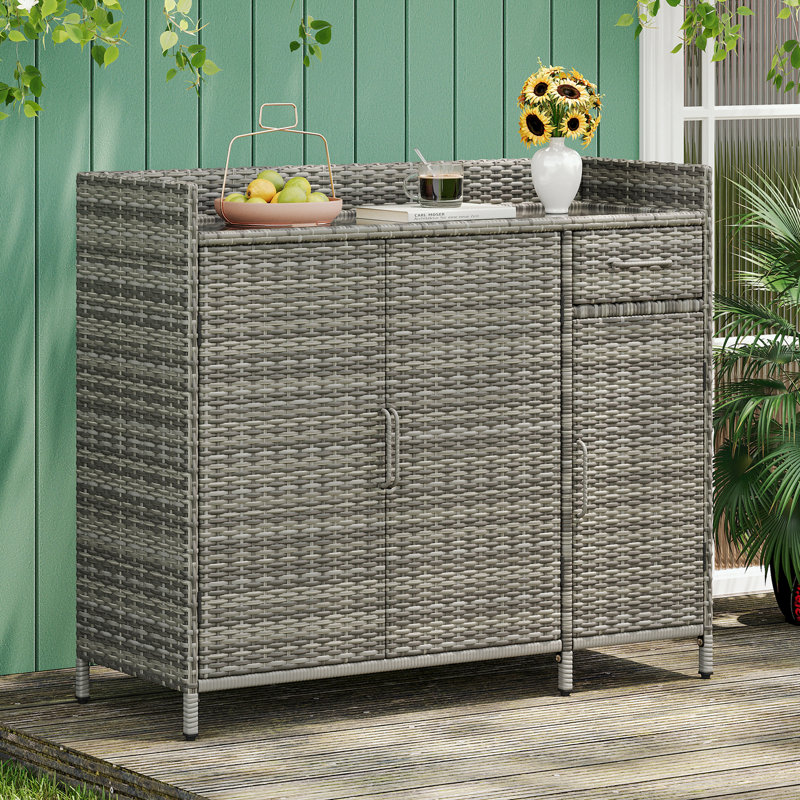Table de bar en osier avec plateau en verre trempé, tablette réglable et tiroir, Gris