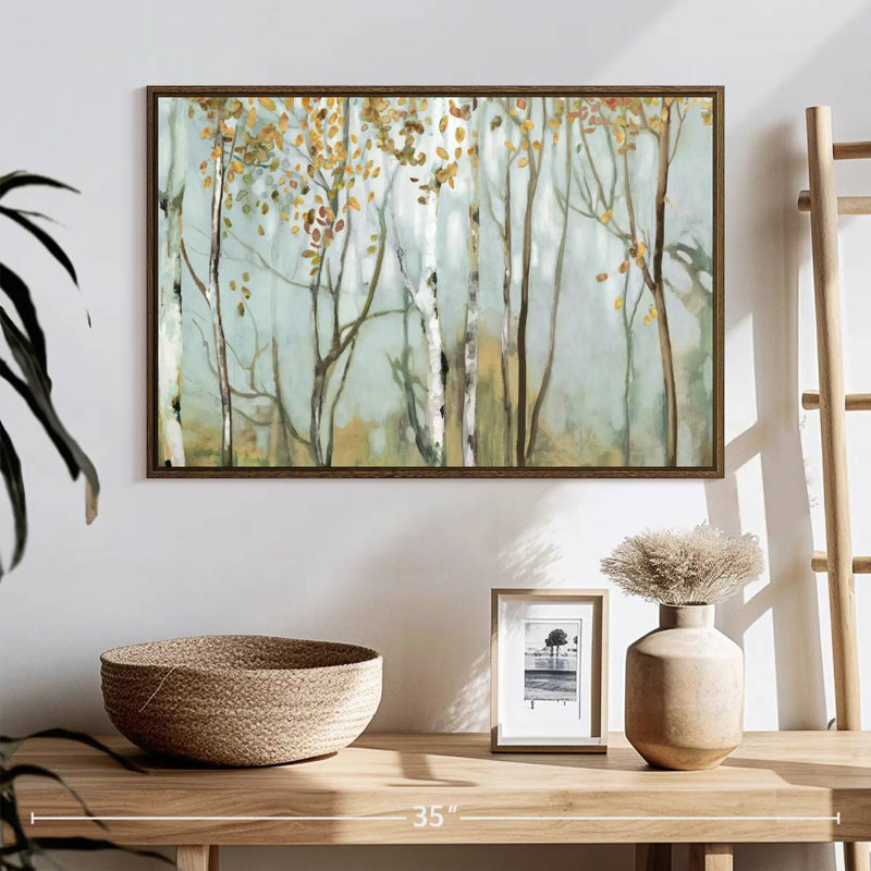 Bouleau dans le brouillard II, 25 po x 17 po, Cadre flottant noyer