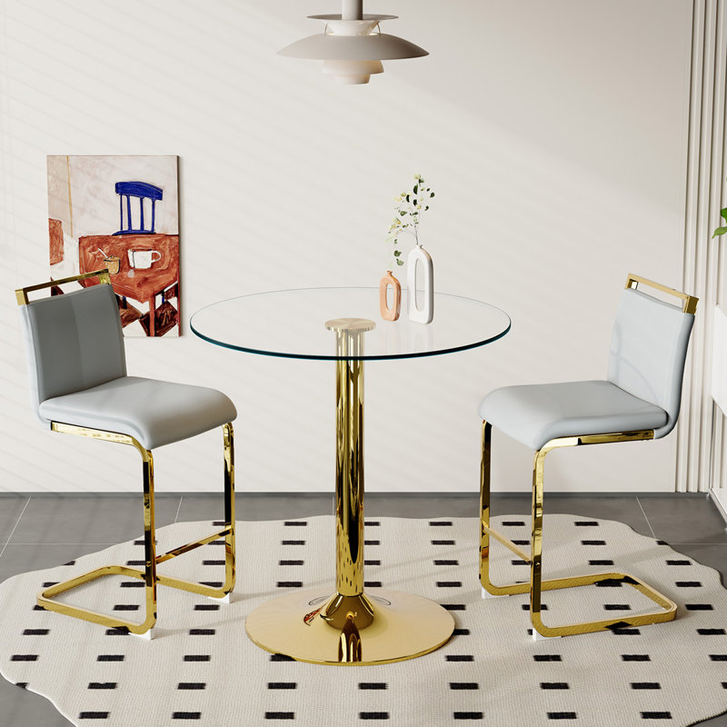 Ensemble de table de bar et chaises pour 2, Gris clair / doré, Doré