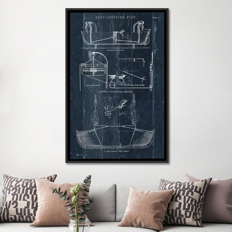 « bateau lancement blueprint i » par sauvage pomme portfolio, impression sur toile, Toile avec cadre noir, Pas de tapis