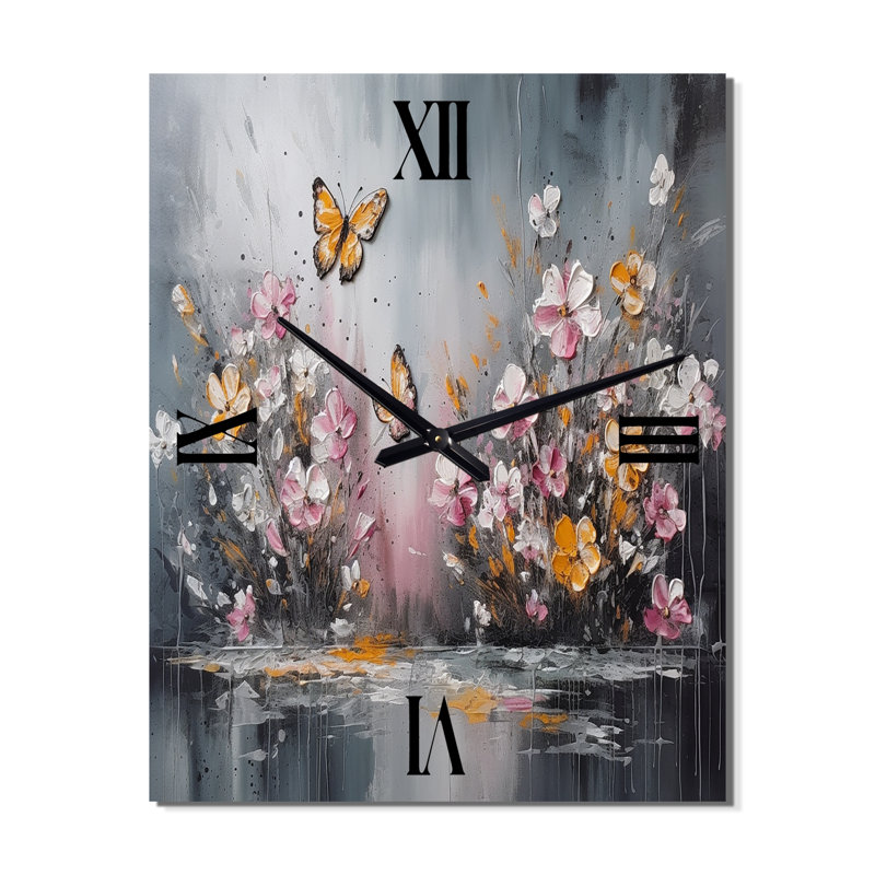 Horloge murale moderne avec fleurs et papillons II, H 40 po x l 30 po x P 1 po