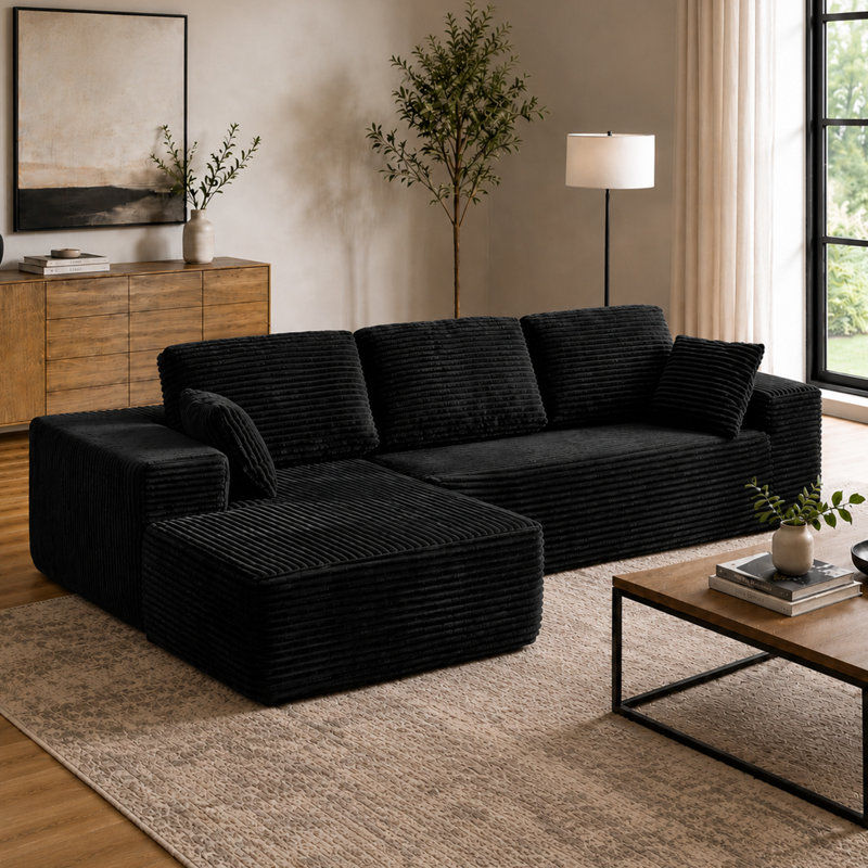 Boneless 96" L-Shaped Cloud Sectional Sofa with Oversized Chaise, Modular 3-Seater Corduroy Couch for Living Room & Bedroom, Deep Seat No Assembly Required