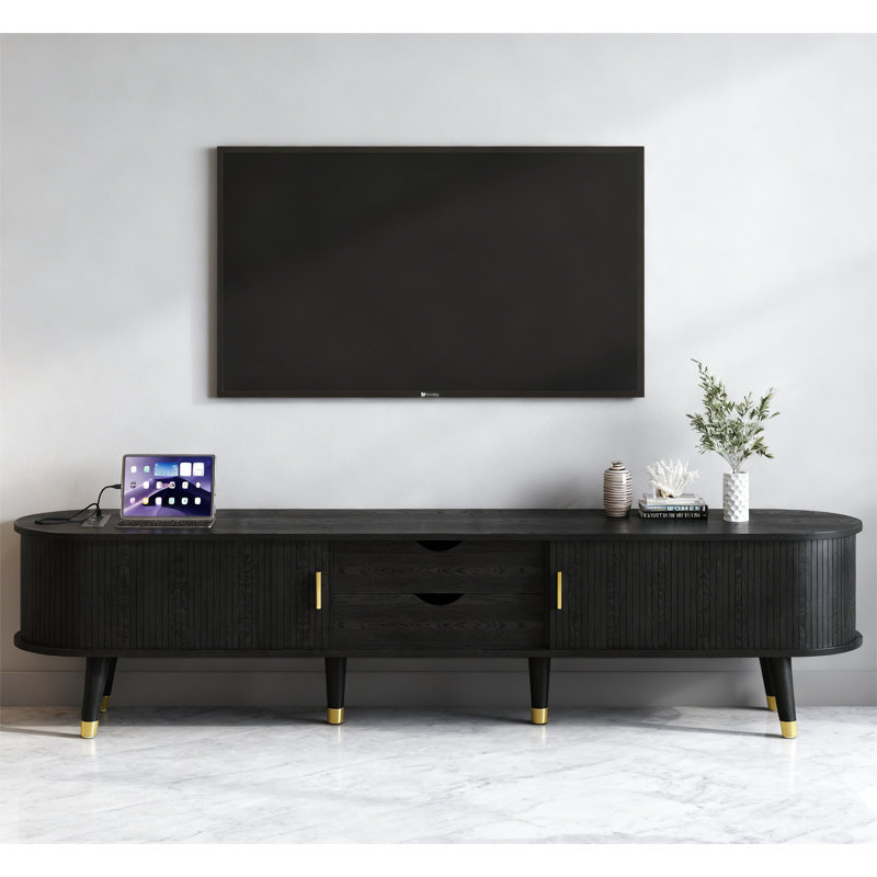 Meuble télé ovale en bois avec station de charge, Noir