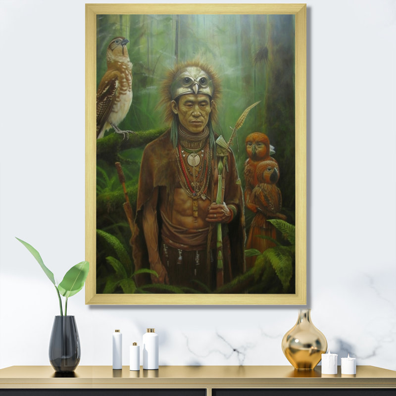 Chaman Amazonien, sagesse antique sur toile, Cadre doré à une seule photo, H 44 po x l 34 po x P 1,5 po