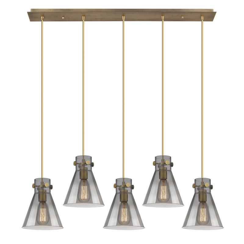 Luminaire suspendu conique à 5 lumières Amrith, Laiton brossé, Gris fumée clair