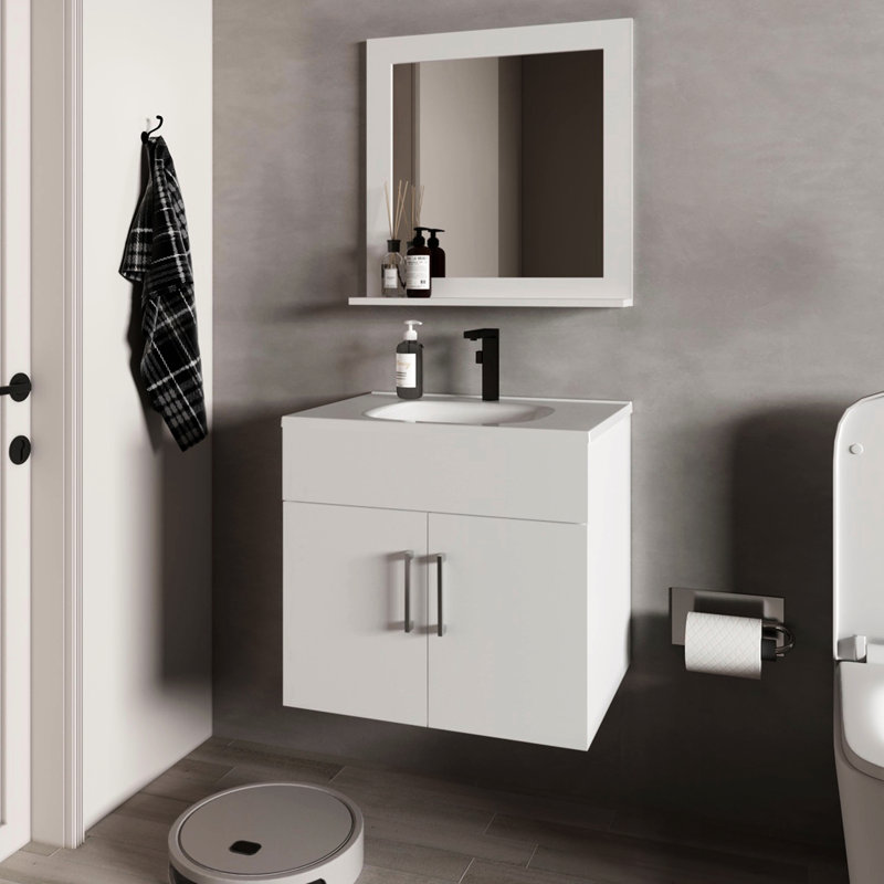 2-Door White Bathroom Vanity With Sink, Mirror And Floating Feature - 21 Inches High, 24 Wide, Particle Board, Versatile Layout Sink Brightens Space, Style