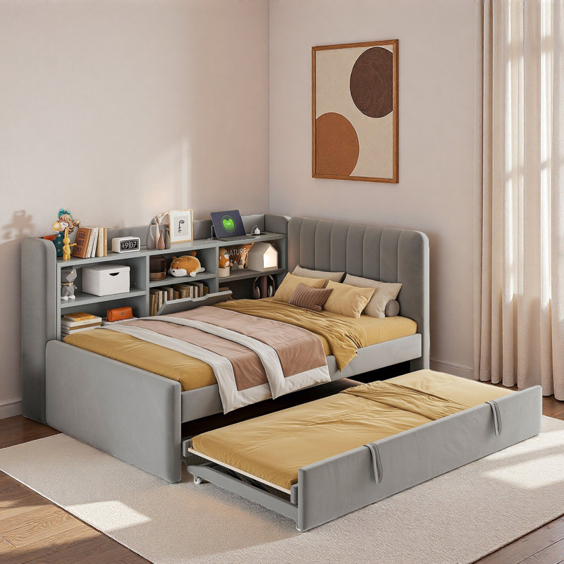 Upholstered Daybed With Trundle, Storage Shelves, Usb & Outlet And Vertical Striped Design, Gray