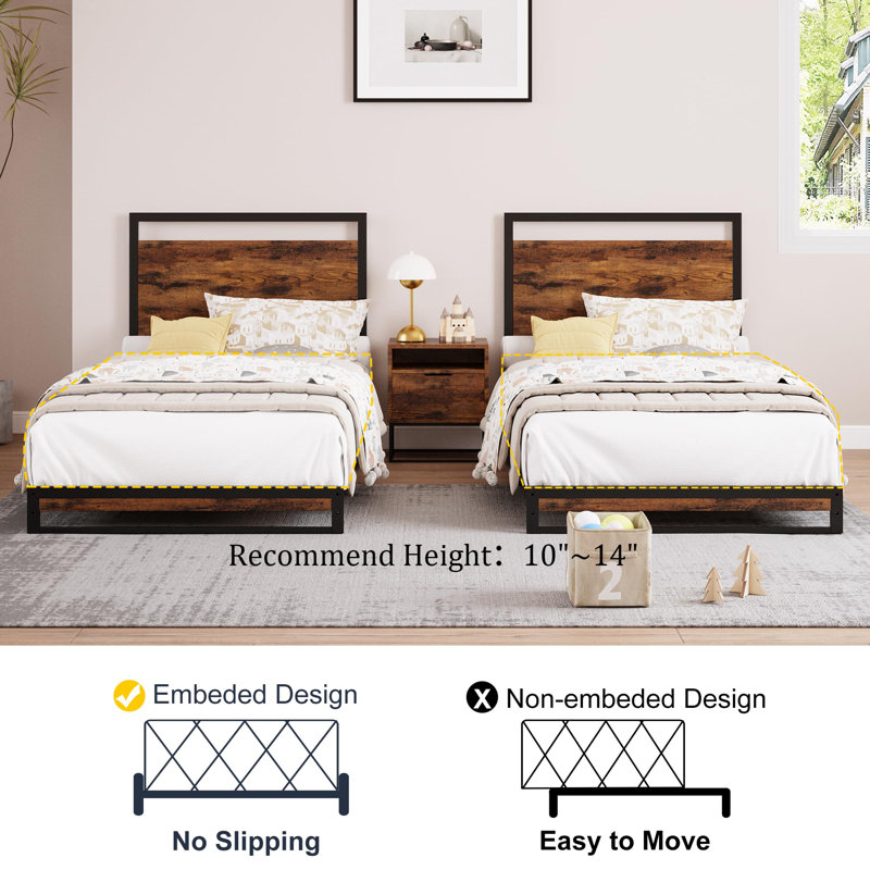 6 Inch Metal Platform Bed Frame With Wooden Headboard And Footboard, Mattress Foundation, Twin