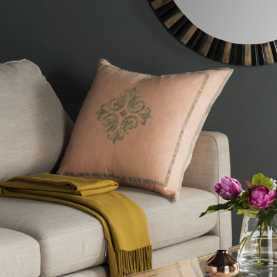 Embroidered Feather Linen Reversible Throw Pillow