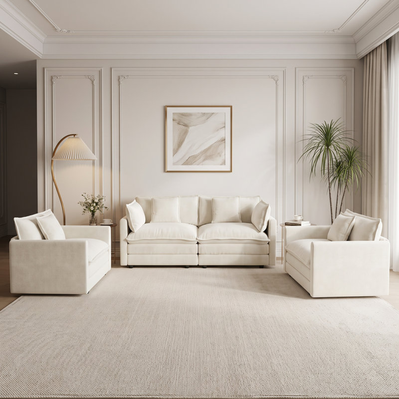 Ensemble de salon 3 pièces avec causeuse et 2 chaises d'appoint, revêtement texturé riche, blanc crème