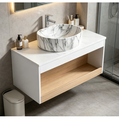 Meuble-lavabo flottant de 30 po avec lavabo vasque en marbre veiné gris, meuble-lavabo mural avec tablette ouverte, finition blanche avec décor en bois, conception moderne peu encombrante (livré en 2 boîtes)