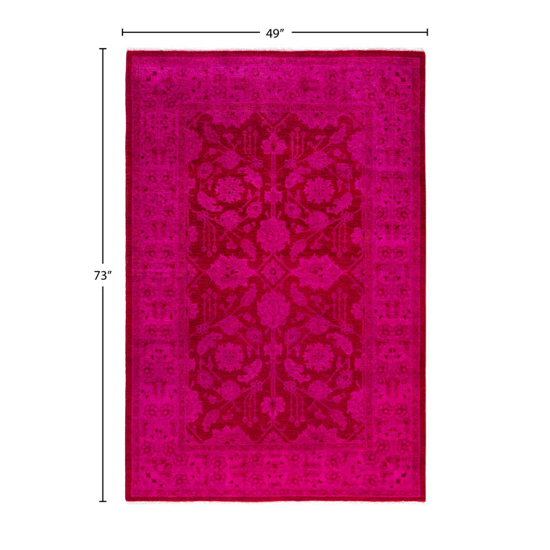 Tapis unique noué à la main Rachal - rose, 4 pi 1 po x 6 pi 1 po